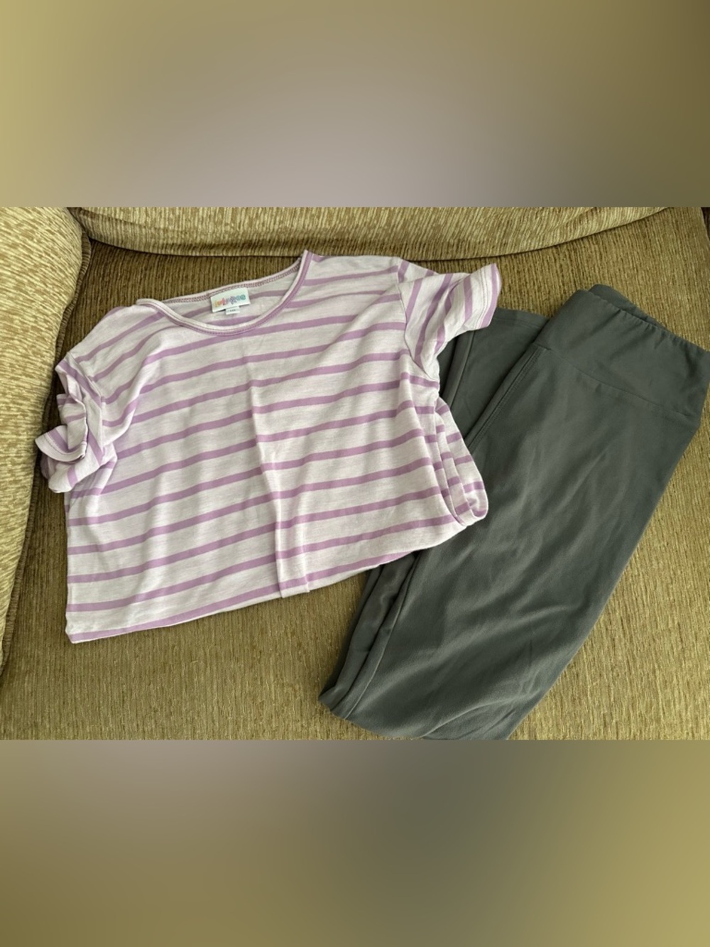 Lularoe striped Lavender Crop Tee and Charcoal Leggings Set